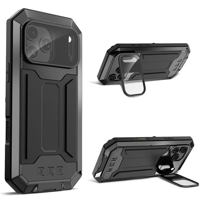 R-JUST For iPhone 17 Pro Case PC + Silicone + Metal Back Cover with Tempered Glass Film - Black - 1
