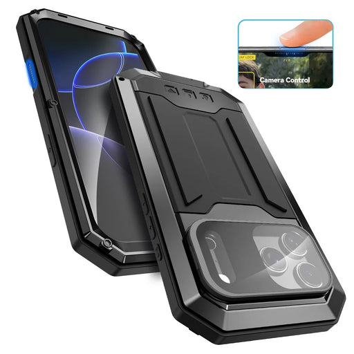 R-JUST For iPhone 17 Pro Case PC + Silicone + Metal Back Cover with Tempered Glass Film - Black - 2