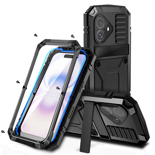 R-JUST For iPhone 17 Case PC + Silicone + Metal Kickstand Phone Cover with Tempered Glass Film - Black - 1