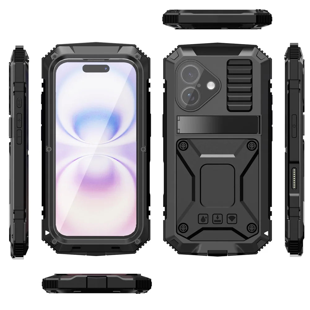 R-JUST For iPhone 17 Case PC + Silicone + Metal Kickstand Phone Cover with Tempered Glass Film - Black - 2