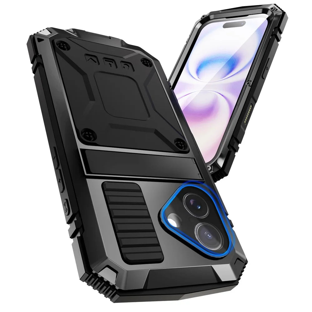 R-JUST For iPhone 17 Case PC + Silicone + Metal Kickstand Phone Cover with Tempered Glass Film - Black - 3