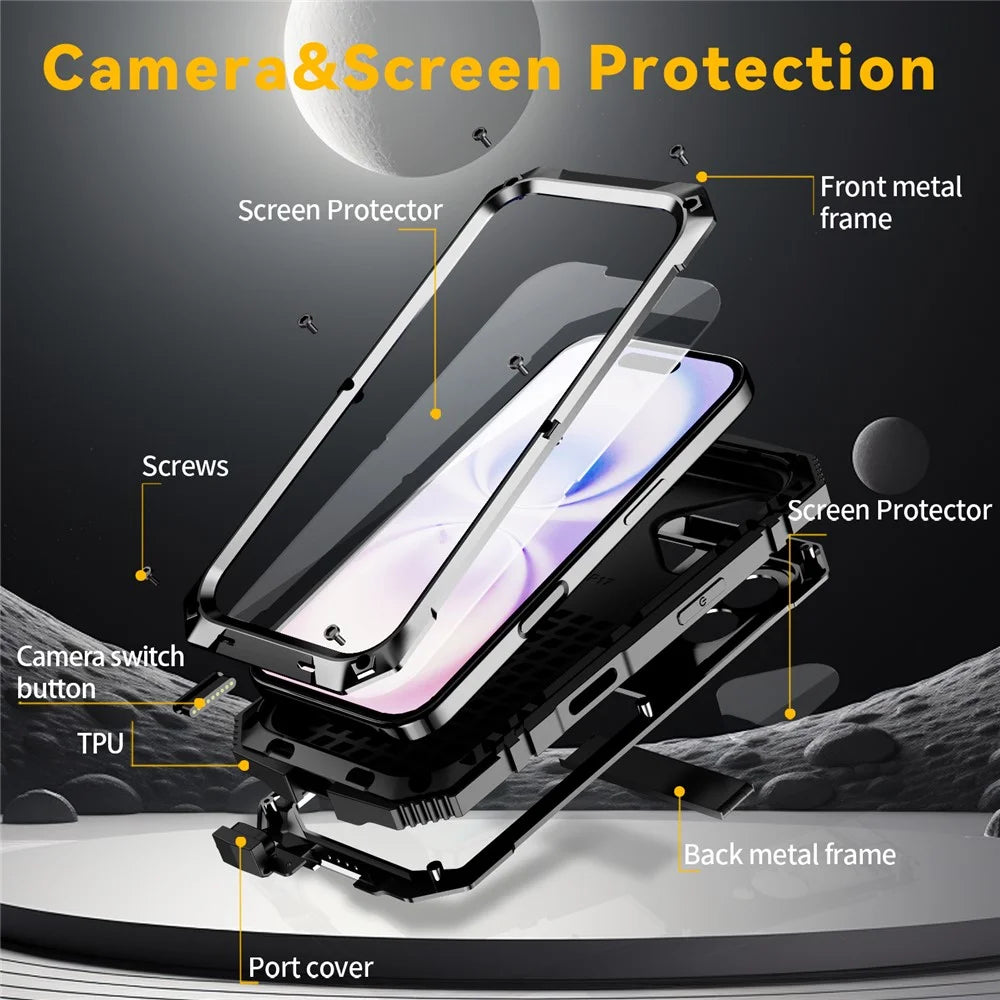R-JUST For iPhone 17 Case PC + Silicone + Metal Kickstand Phone Cover with Tempered Glass Film - Black - 5