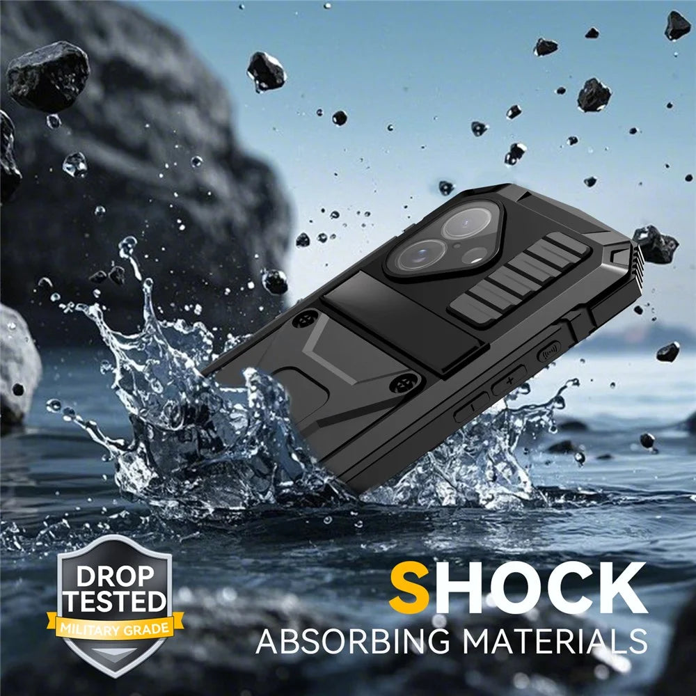 R-JUST For iPhone 17 Case PC + Silicone + Metal Kickstand Phone Cover with Tempered Glass Film - Black - 7