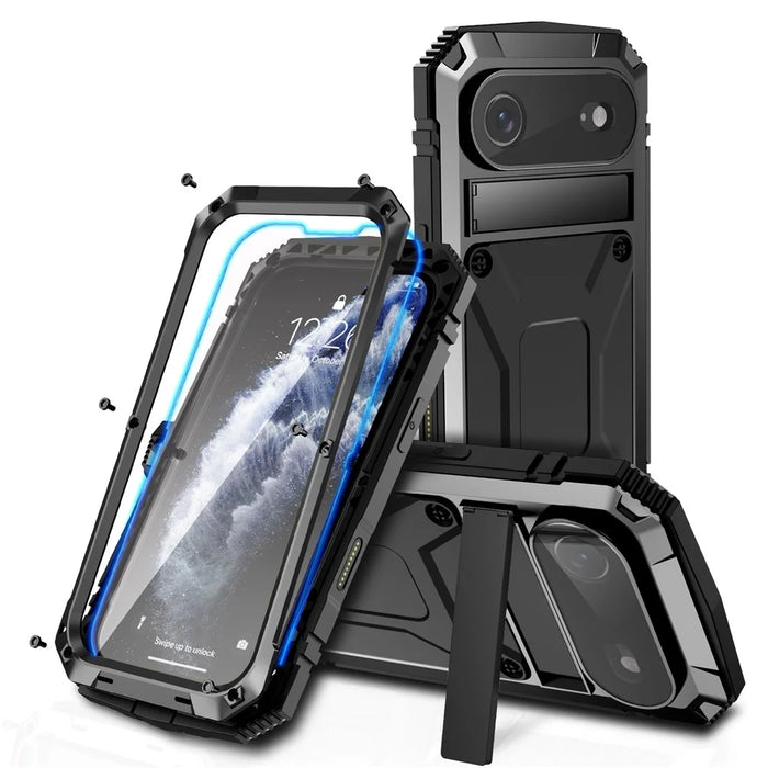 R-JUST For iPhone Air Case PC + Silicone + Metal Kickstand Phone Cover with Tempered Glass Film - Black - 1