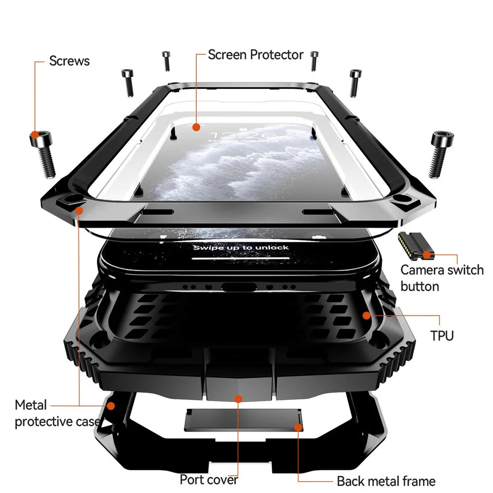 R-JUST For iPhone Air Case PC + Silicone + Metal Kickstand Phone Cover with Tempered Glass Film - Black - 5