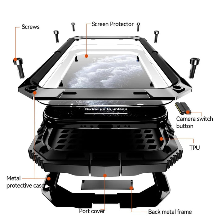 R-JUST For iPhone Air Case PC + Silicone + Metal Kickstand Phone Cover with Tempered Glass Film - Black - 5