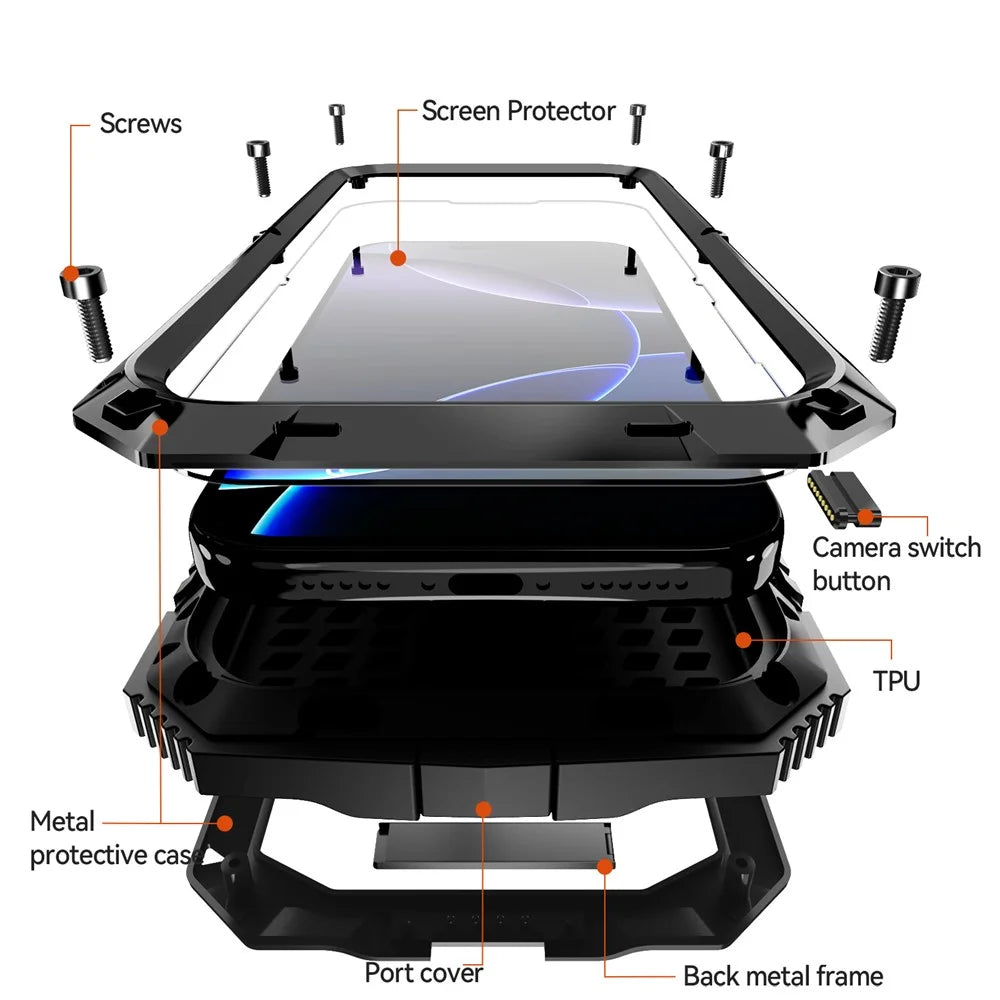 R-JUST For iPhone 17 Pro Case PC + Silicone + Metal Kickstand Phone Cover with Tempered Glass Film - Black - 6
