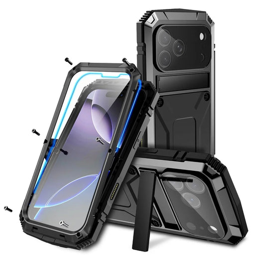 R-JUST For iPhone 17 Pro Max Case PC + Silicone + Metal Kickstand Phone Cover with Tempered Glass Film - Black - 1
