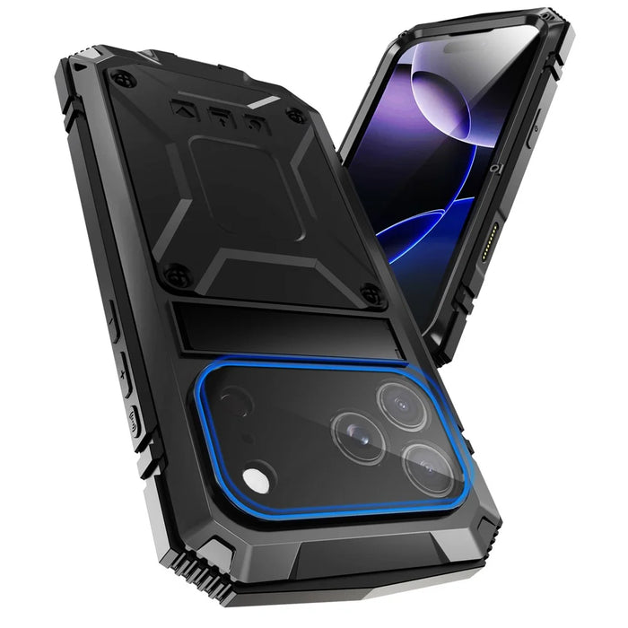 R-JUST For iPhone 17 Pro Max Case PC + Silicone + Metal Kickstand Phone Cover with Tempered Glass Film - Black - 2