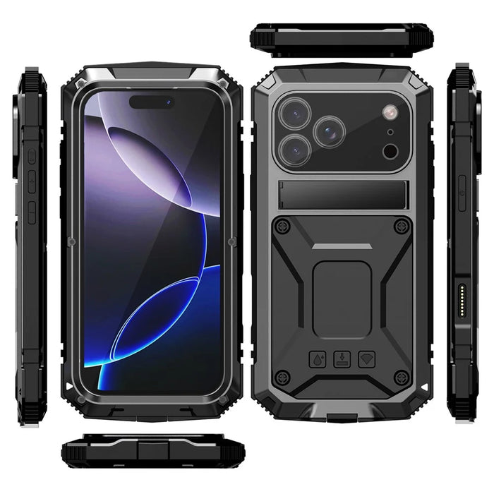 R-JUST For iPhone 17 Pro Max Case PC + Silicone + Metal Kickstand Phone Cover with Tempered Glass Film - Black - 3