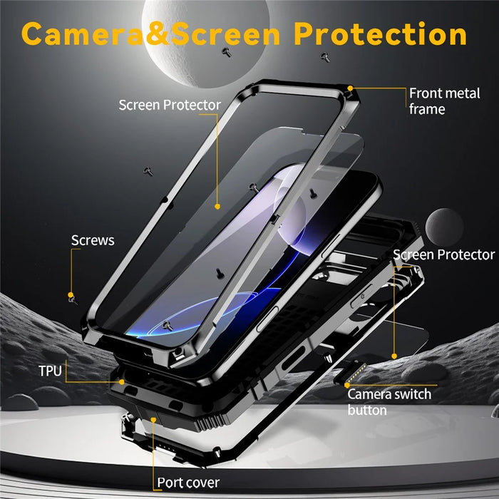R-JUST For iPhone 17 Pro Max Case PC + Silicone + Metal Kickstand Phone Cover with Tempered Glass Film - Black - 5