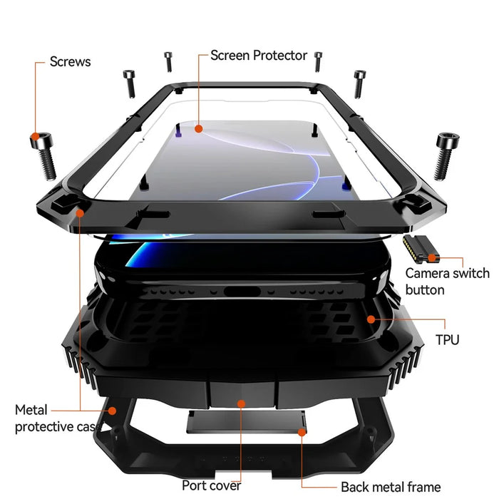 R-JUST For iPhone 17 Pro Max Case PC + Silicone + Metal Kickstand Phone Cover with Tempered Glass Film - Black - 6