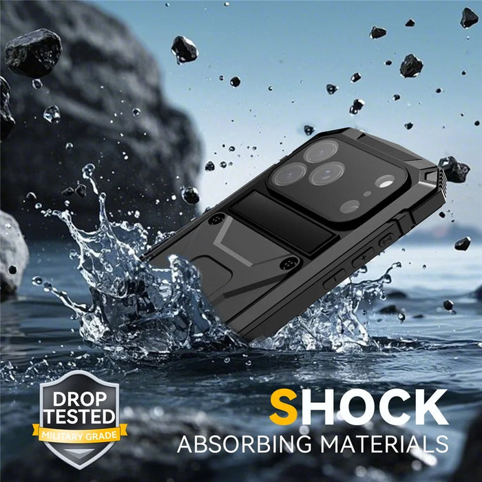 R-JUST For iPhone 17 Pro Max Case PC + Silicone + Metal Kickstand Phone Cover with Tempered Glass Film - Black - 7