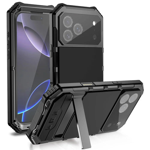 R-JUST For iPhone 17 Pro Case PC + Silicone + Metal Kickstand Phone Cover with Tempered Glass Film - Black - 1