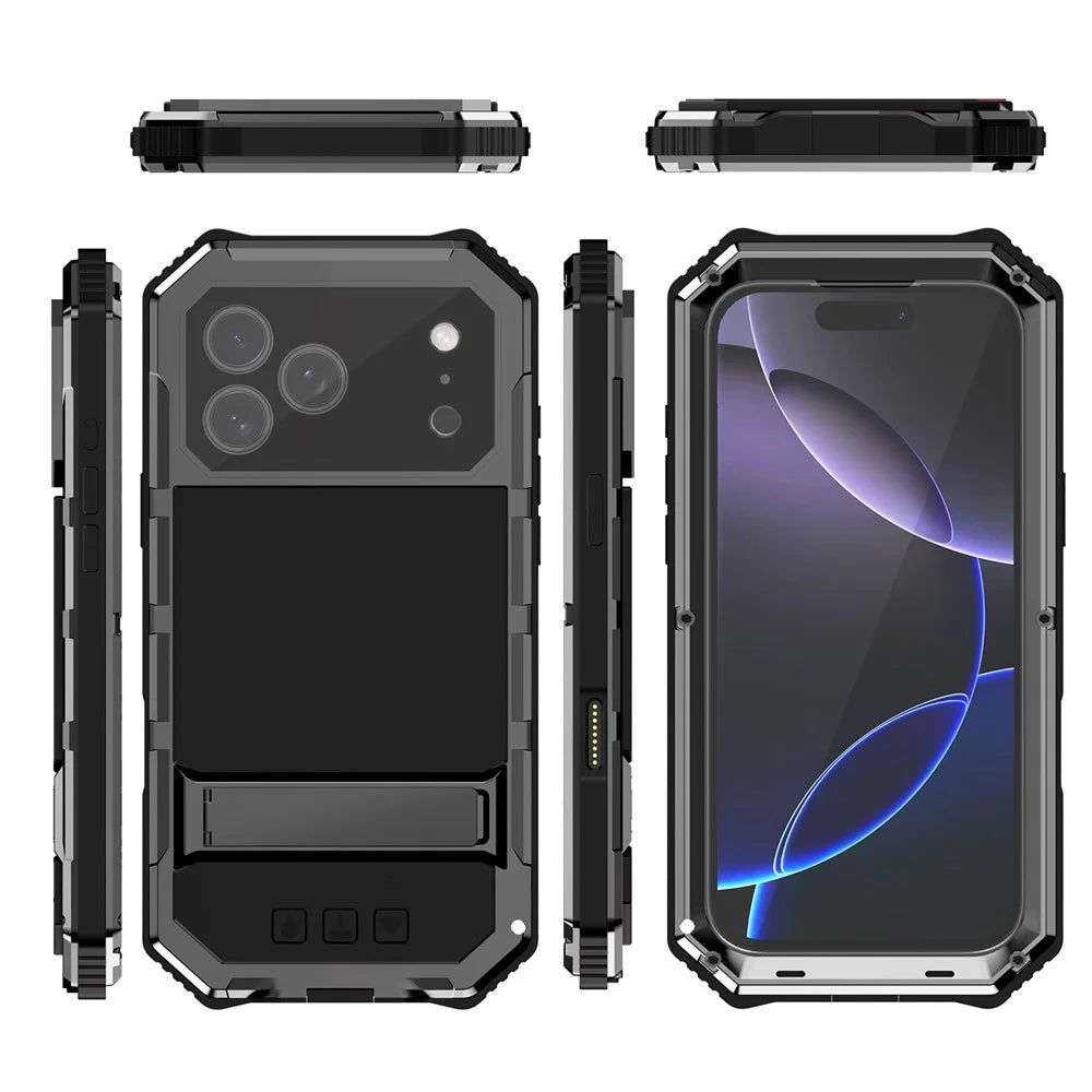 R-JUST For iPhone 17 Pro Case PC + Silicone + Metal Kickstand Phone Cover with Tempered Glass Film - Black - 2