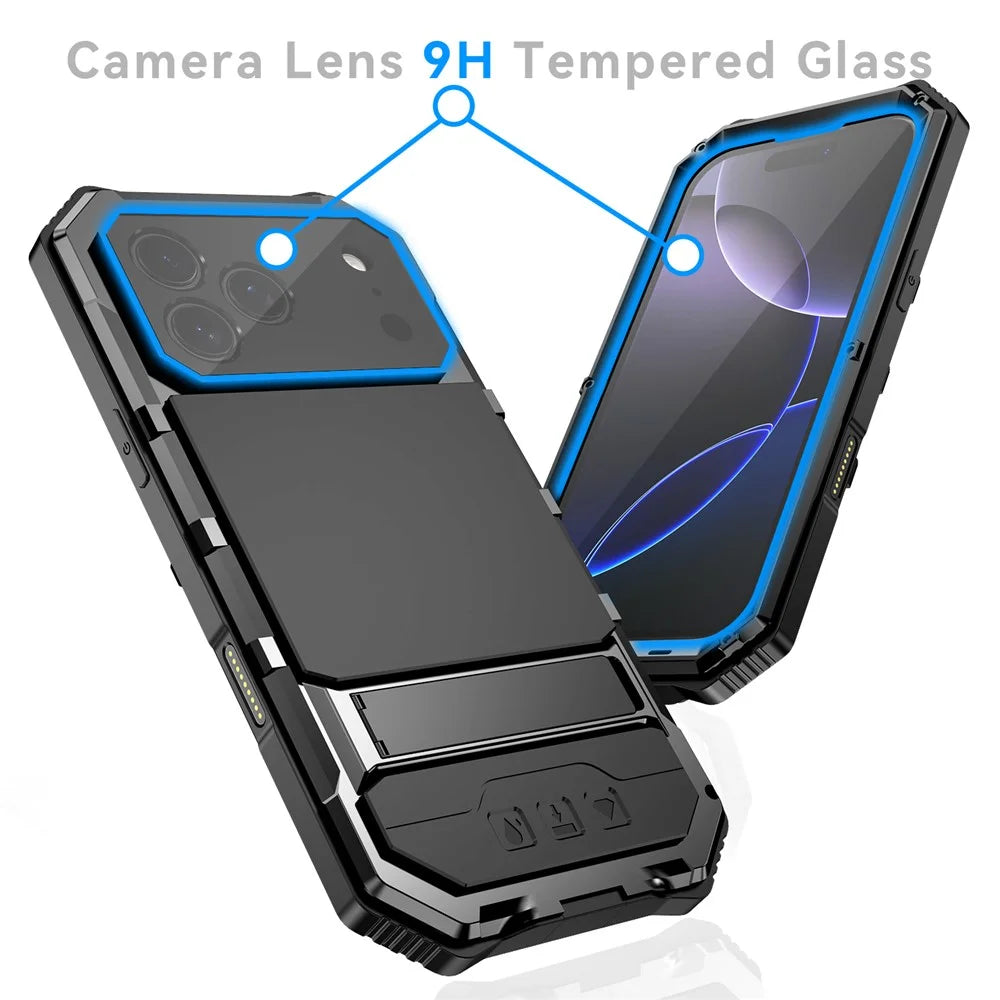 R-JUST For iPhone 17 Pro Case PC + Silicone + Metal Kickstand Phone Cover with Tempered Glass Film - Black - 3