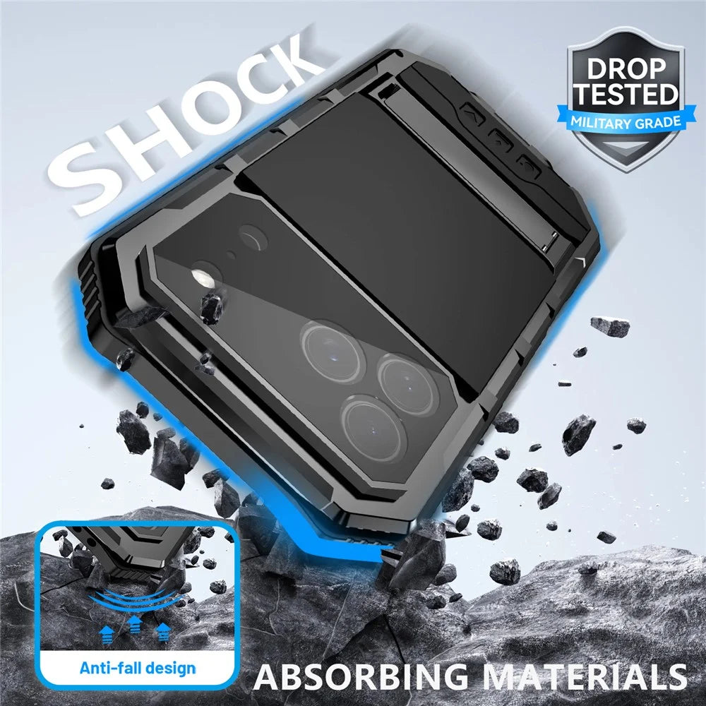 R-JUST For iPhone 17 Pro Case PC + Silicone + Metal Kickstand Phone Cover with Tempered Glass Film - Black - 5