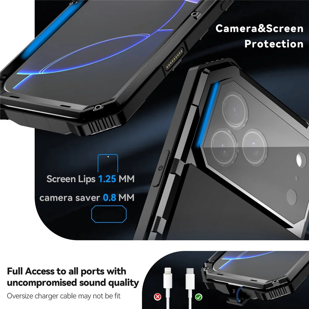 R-JUST For iPhone 17 Pro Case PC + Silicone + Metal Kickstand Phone Cover with Tempered Glass Film - Black - 7