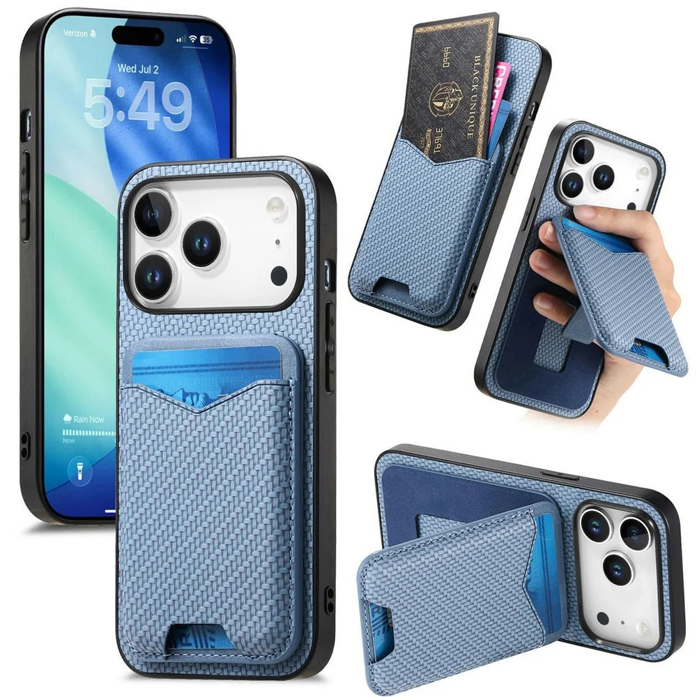 For iPhone 17 Pro Max Case Card Holder Kickstand Carbon Fiber Texture Back Cover - Blue - 1