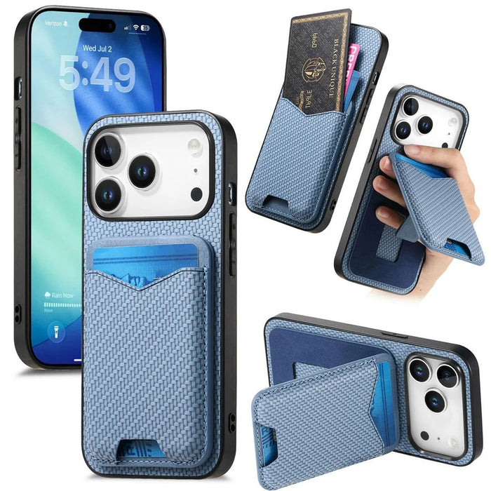 For iPhone 17 Pro Max Case Card Holder Kickstand Carbon Fiber Texture Back Cover - Blue - 1