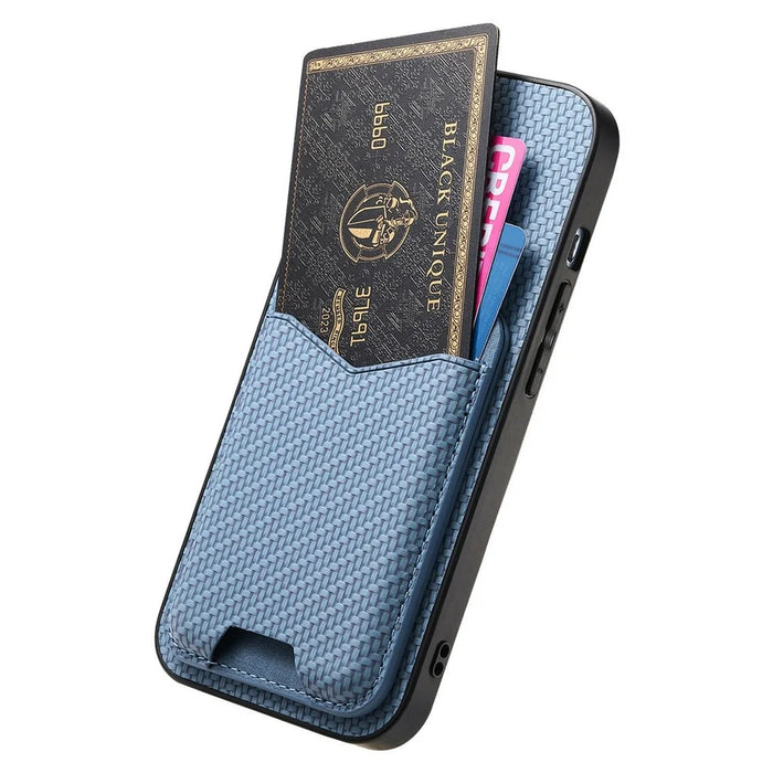For iPhone 17 Pro Max Case Card Holder Kickstand Carbon Fiber Texture Back Cover - Blue - 2
