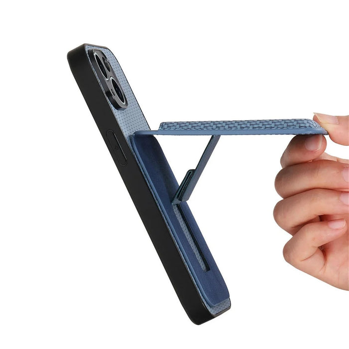 For iPhone 17 Pro Max Case Card Holder Kickstand Carbon Fiber Texture Back Cover - Blue - 3