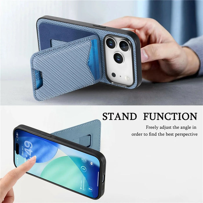 For iPhone 17 Pro Max Case Card Holder Kickstand Carbon Fiber Texture Back Cover - Blue - 4