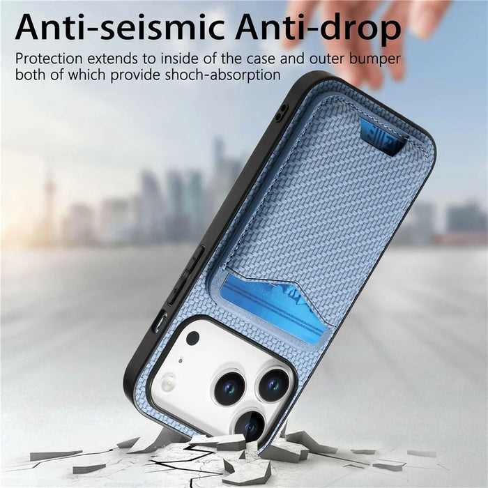 For iPhone 17 Pro Max Case Card Holder Kickstand Carbon Fiber Texture Back Cover - Blue - 5