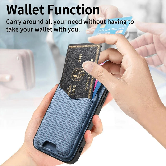 For iPhone 17 Pro Max Case Card Holder Kickstand Carbon Fiber Texture Back Cover - Blue - 6