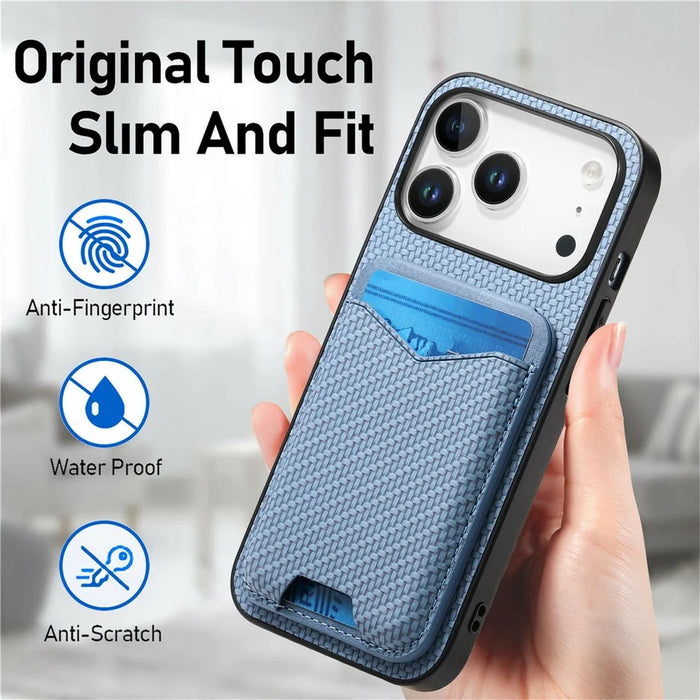 For iPhone 17 Pro Max Case Card Holder Kickstand Carbon Fiber Texture Back Cover - Blue - 7