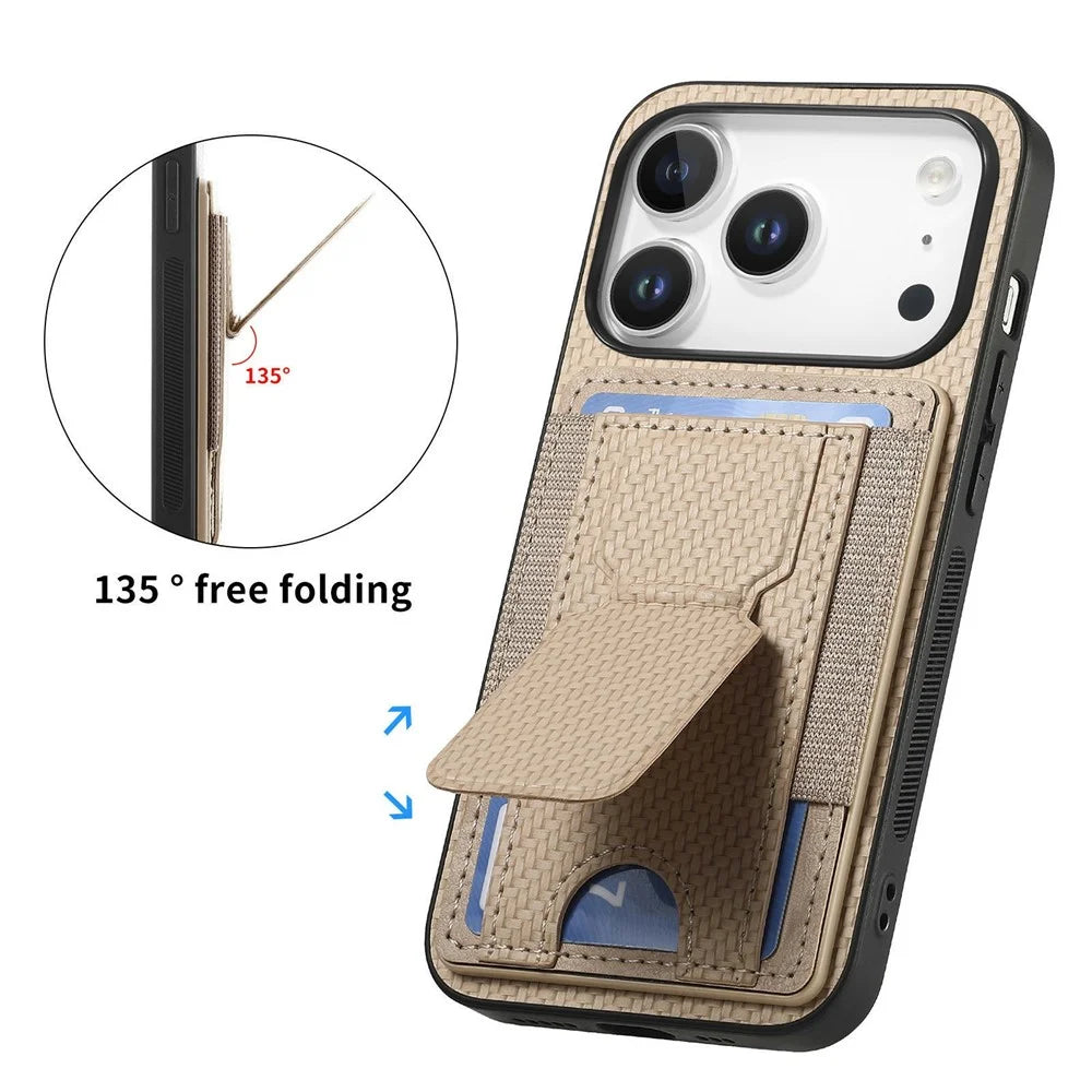 For iPhone 17 Pro Max Case with Card Holder Kickstand Fiber Pattern Leather Back Cover - Blue - 4