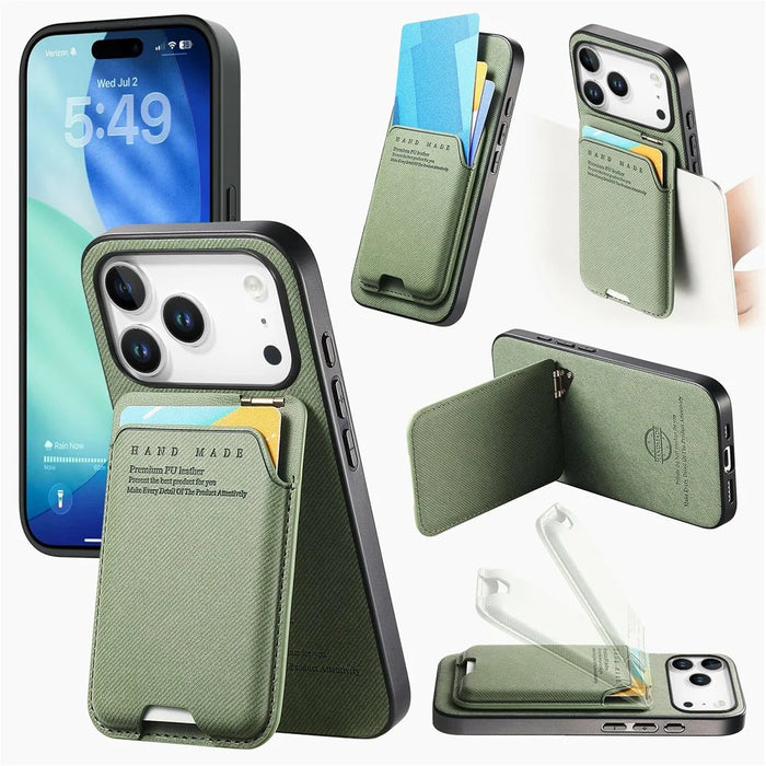 For iPhone 17 Pro Max Case Cloth Texture Leather + PC + TPU Phone Cover with Card Holder Kickstand - Green - 1
