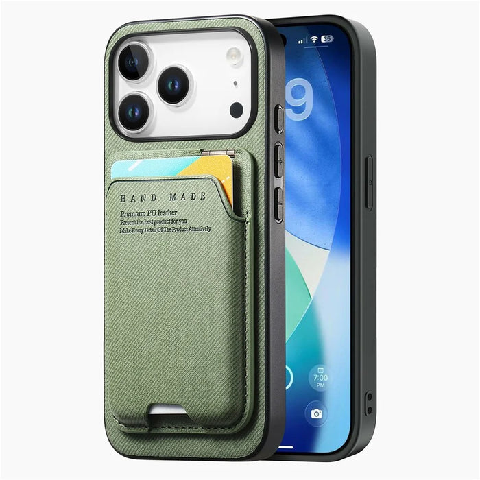 For iPhone 17 Pro Max Case Cloth Texture Leather + PC + TPU Phone Cover with Card Holder Kickstand - Green - 2