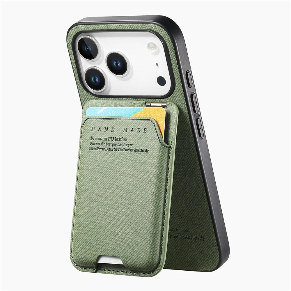 For iPhone 17 Pro Max Case Cloth Texture Leather + PC + TPU Phone Cover with Card Holder Kickstand - Green - 5
