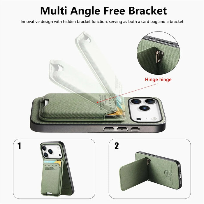 For iPhone 17 Pro Max Case Cloth Texture Leather + PC + TPU Phone Cover with Card Holder Kickstand - Green - 6