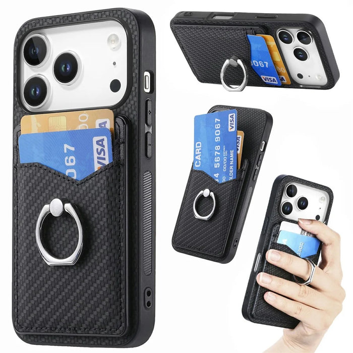For iPhone 17 Pro Max Case Card Slots Ring Holder Kickstand Phone Cover - Black - 1