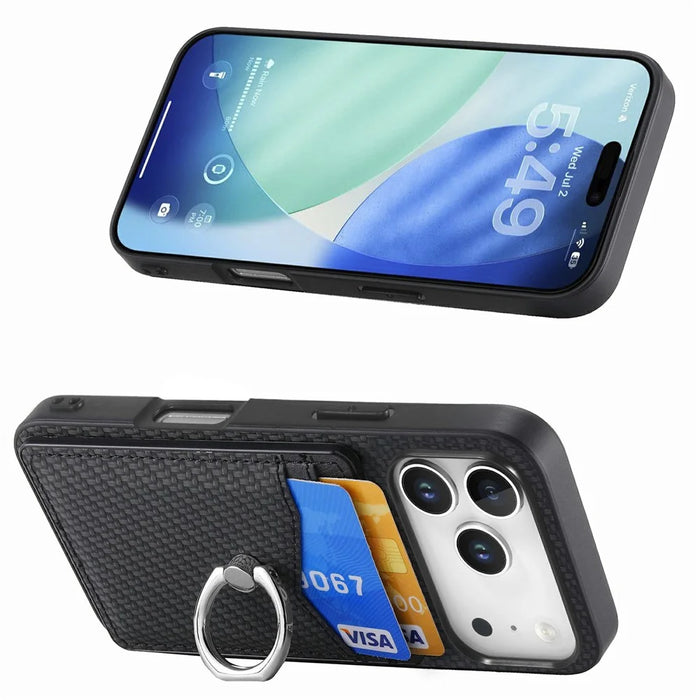 For iPhone 17 Pro Max Case Card Slots Ring Holder Kickstand Phone Cover - Black - 2