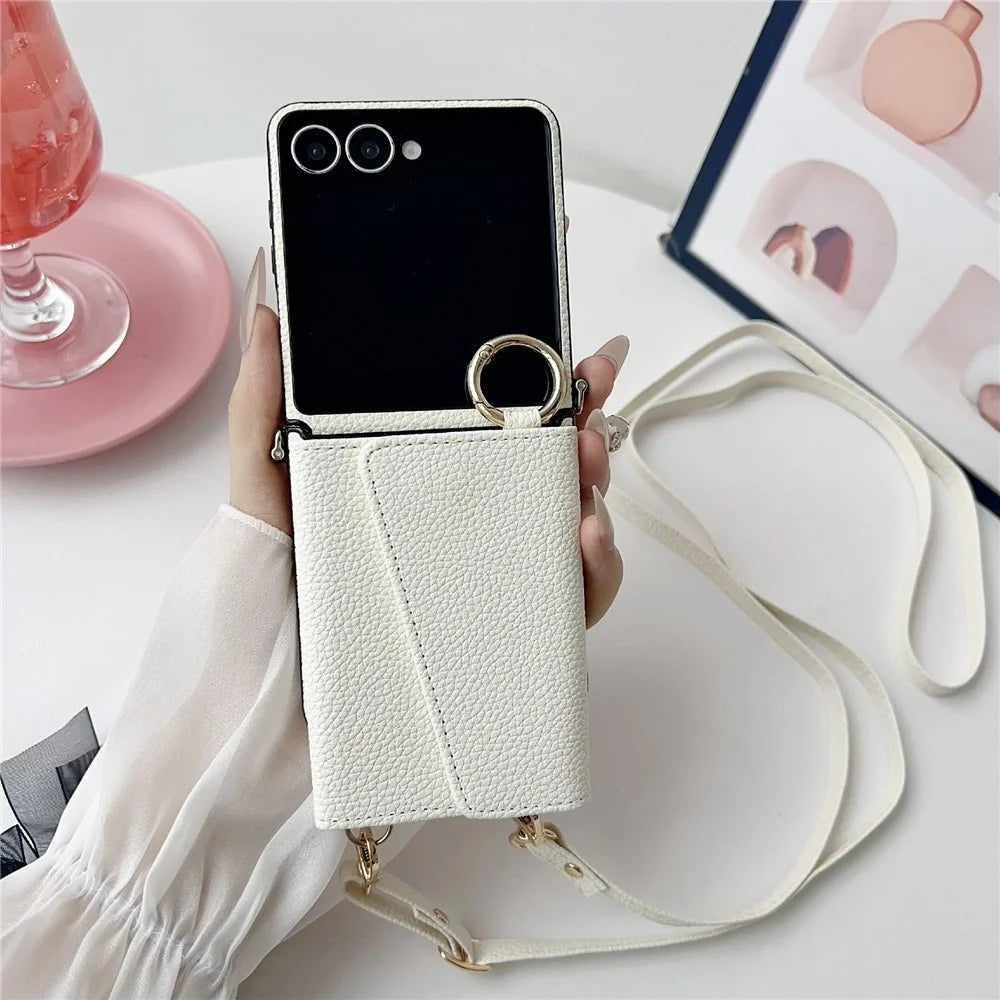 For Samsung Galaxy Z Flip7 5G Case Card Holder Litchi Texture Leather Phone Cover with Shoulder Strap - White - 1