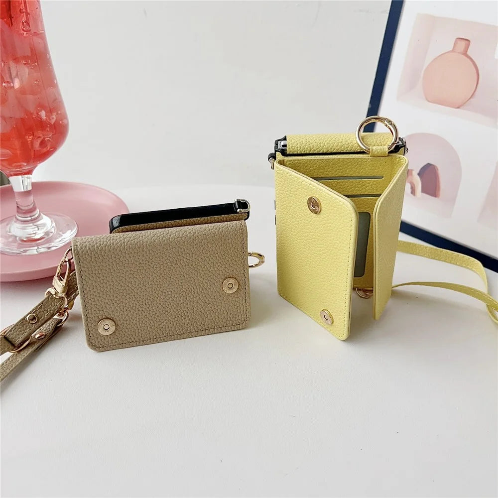 For Samsung Galaxy Z Flip7 5G Case Card Holder Litchi Texture Leather Phone Cover with Shoulder Strap - White - 3
