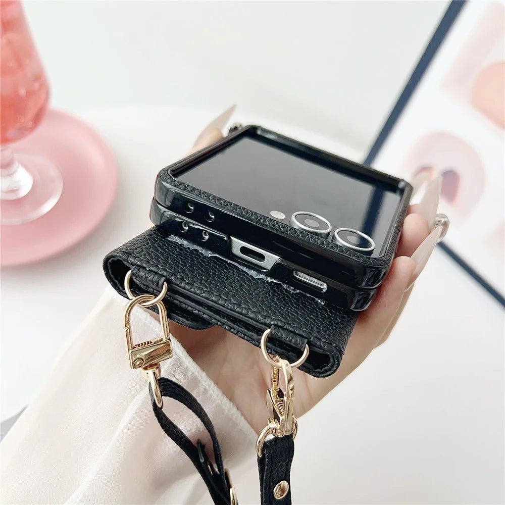For Samsung Galaxy Z Flip7 5G Case Card Holder Litchi Texture Leather Phone Cover with Shoulder Strap - White - 6