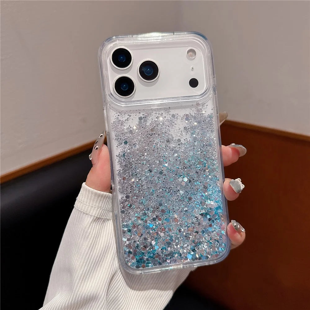 For iPhone 17 Pro Case Silver-blue Glitter Liquid Quicksand TPU + PC Phone Cover - 4