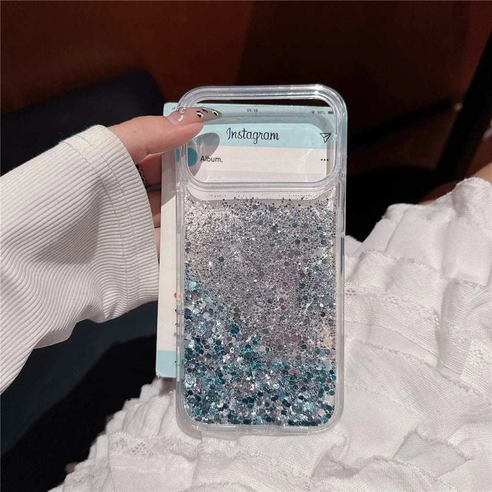 For iPhone 17 Pro Max Case Silver-blue Glitter Liquid Quicksand TPU + PC Phone Cover - 3