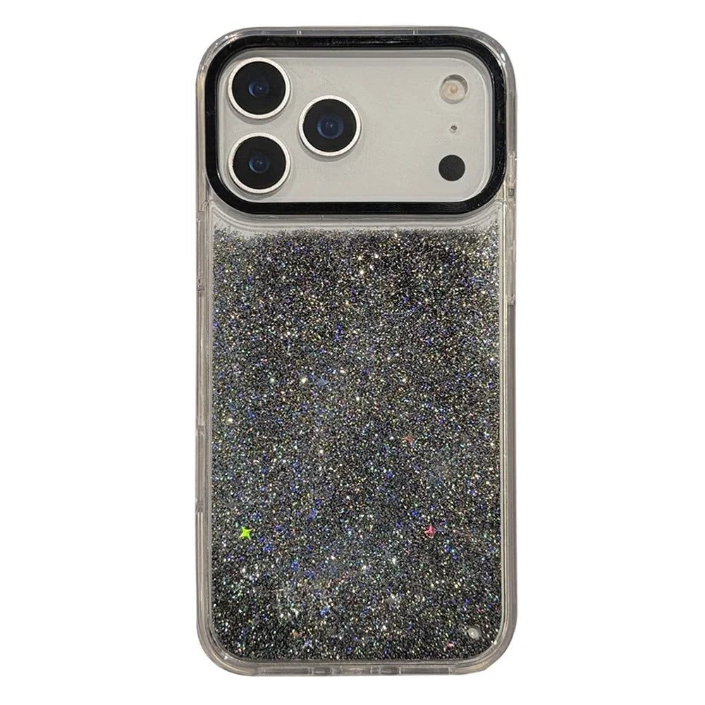 For iPhone 17 Pro Case Dynamic Liquid Glitter Soft TPU Hard PC Back Phone Cover - Black + Silver - 1