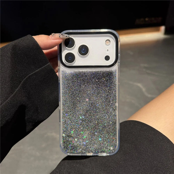 For iPhone 17 Pro Case Dynamic Liquid Glitter Soft TPU Hard PC Back Phone Cover - Black + Silver - 4