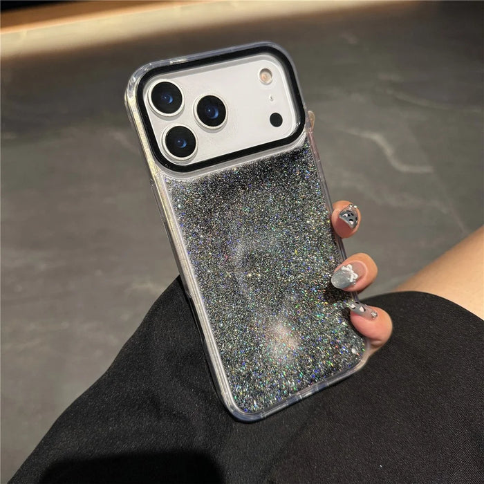 For iPhone 17 Pro Max Case Dynamic Liquid Glitter Soft TPU Hard PC Back Phone Cover - Black + Silver - 2