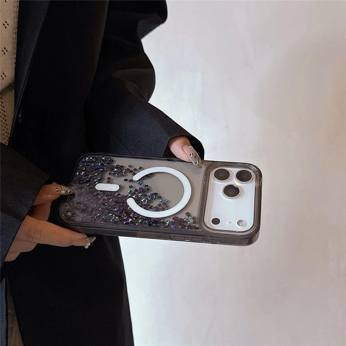 For iPhone 17 Pro Case Compatible with MagSafe Bling Rhinestone Quicksand TPU + PC Phone Cover - Black - 3