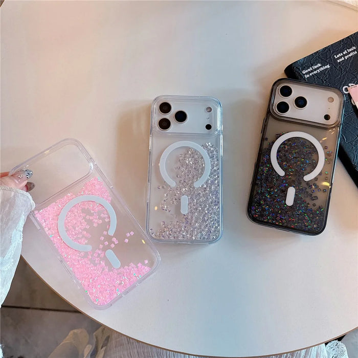 For iPhone 17 Pro Case Compatible with MagSafe Bling Rhinestone Quicksand TPU + PC Phone Cover - Black - 4
