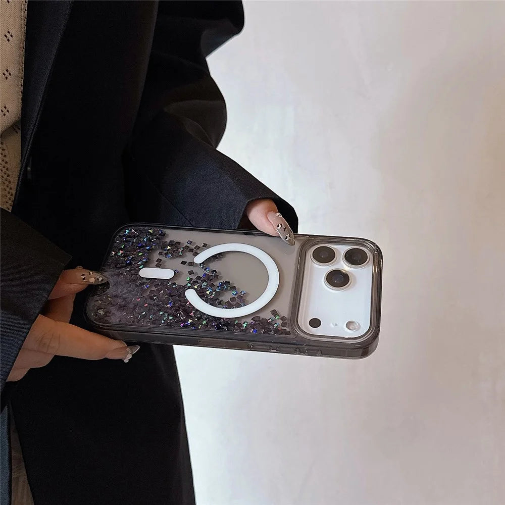 For iPhone 17 Pro Max Case Compatible with MagSafe Bling Rhinestone Quicksand TPU + PC Phone Cover - Black - 3