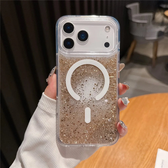 For iPhone 17 Pro Max Case Compatible with MagSafe Flowing Quicksands Sparkle PC + TPU Phone Cover - Golden Polka Dots - 2
