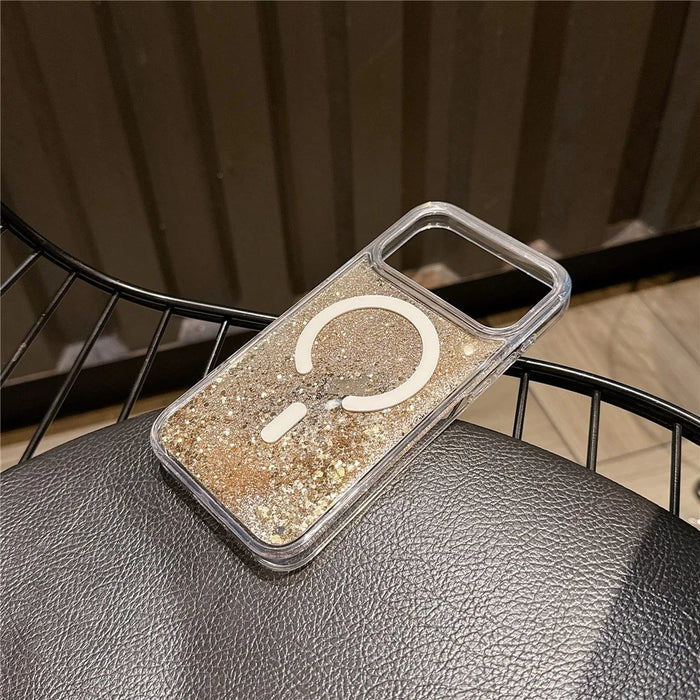 For iPhone 17 Pro Max Case Compatible with MagSafe Flowing Quicksands Sparkle PC + TPU Phone Cover - Golden Polka Dots - 3